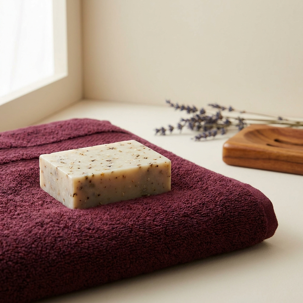 Cherry Berry Pie handmade soap on a luxurious burgundy towel