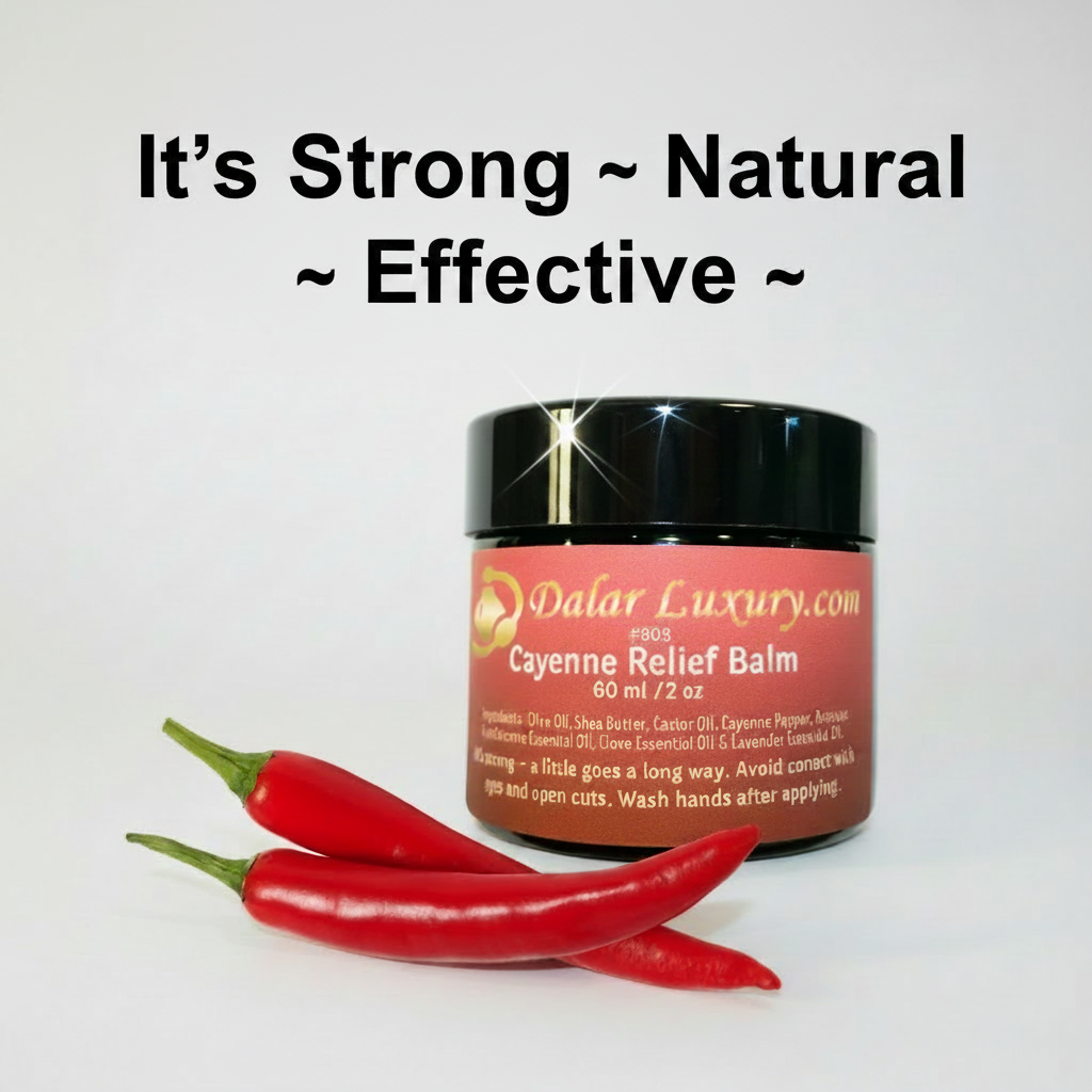 A jar of Qalar Luxury Cayenne Relief Balm with three red chili peppers in front, set against a plain white background with the text 'It's Strong ~ Natural ~ Effective ~' at the top.