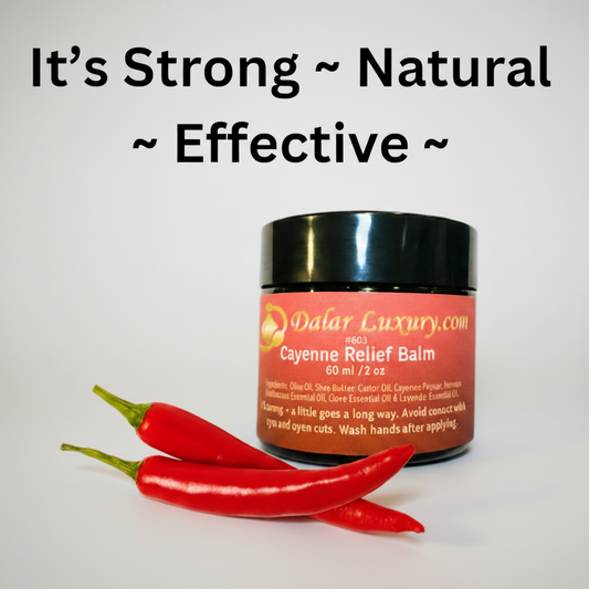 A jar of Qatar Luxury Cayenne Relief Balm with a black lid and red label, styled with three red chili peppers on a white background, with promotional text overlay at the top.