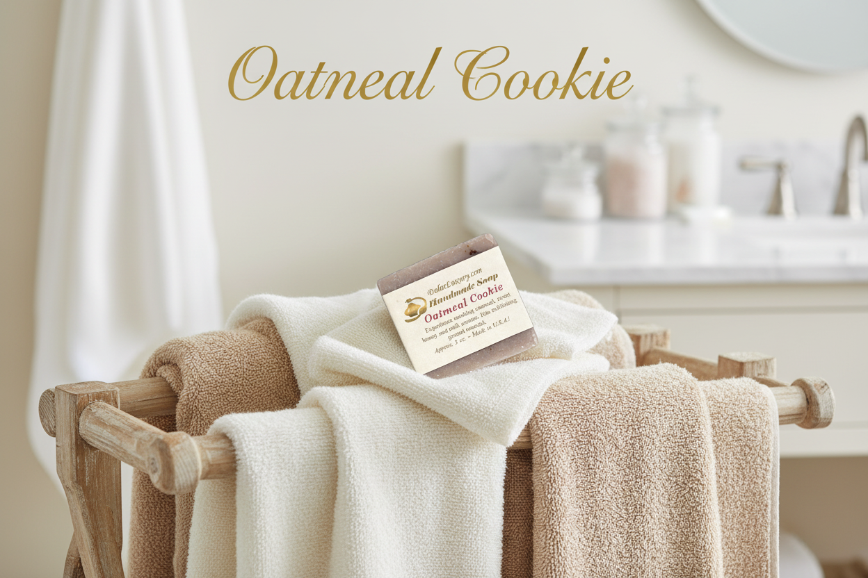 A bar of oatmeal cookie soap rests on a white towel draped over a wooden rack in a softly lit bathroom setting. The soap packaging card is visible, and the words 'Oatmeal Cookie' appear at the top of the image.